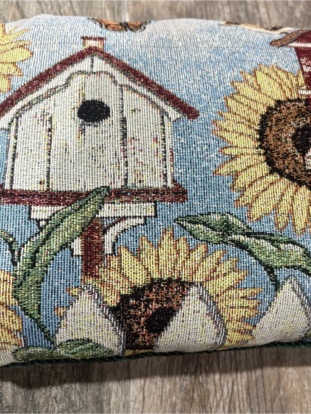 Needlepoint Tapestry Throw Pillow Sunflowers Birdhouse Country 16x10 Cottagecore